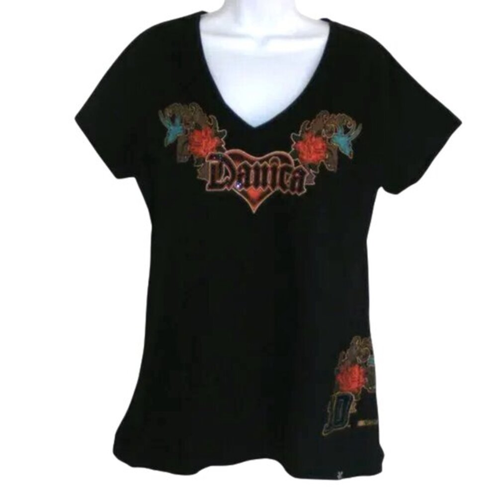 DANICA PATRICK Tshirt, XL, V-neck, SS, NASCAR, #10, Black, Floral/Bird